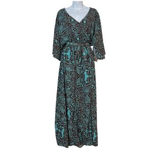 Hippie Love  Blue and Brown abstract all over Floral Print maxi‎ Dress Size S